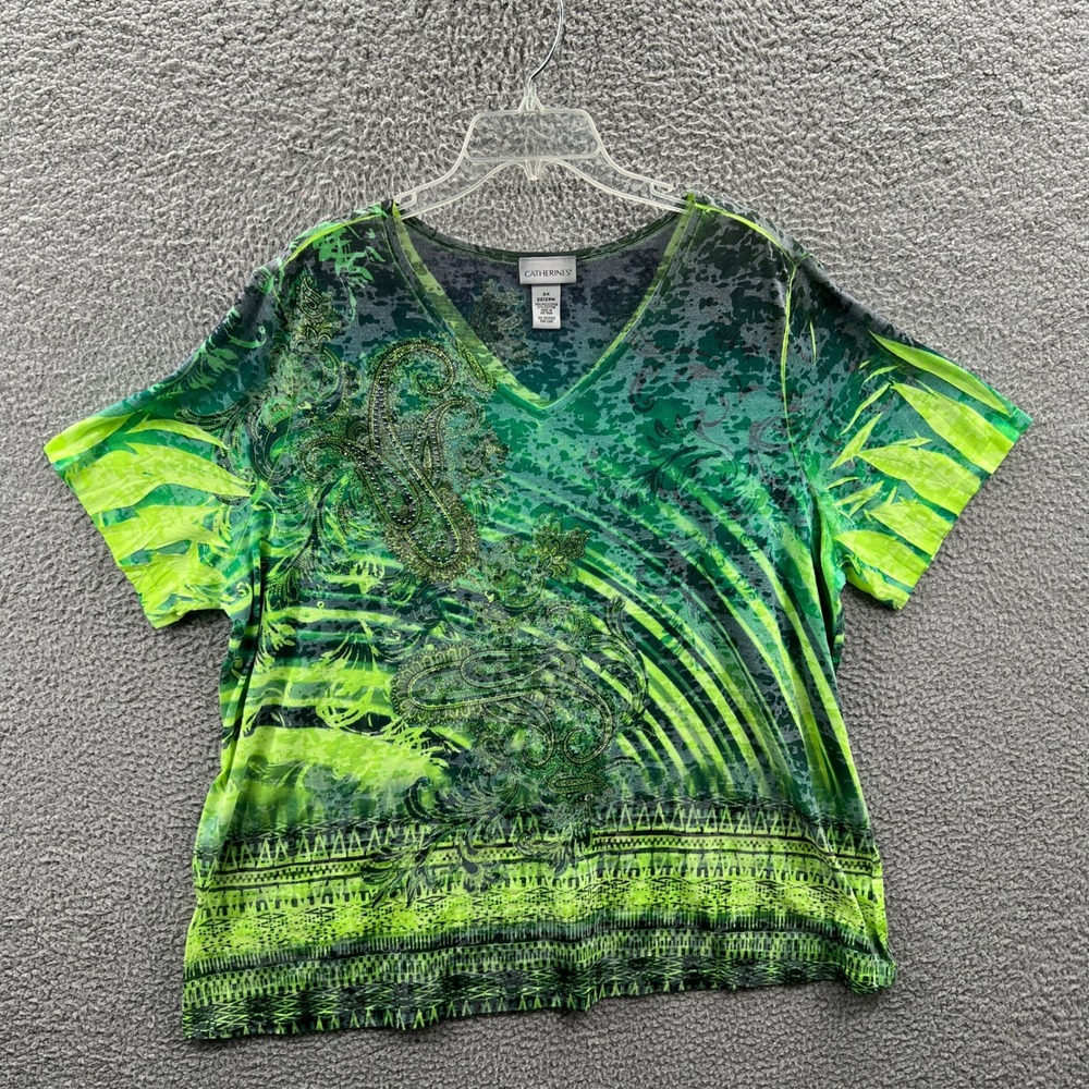 Catherines Women Boho Top 2X Abstract Paisley Artsy Rhinestone Relaxed Statement